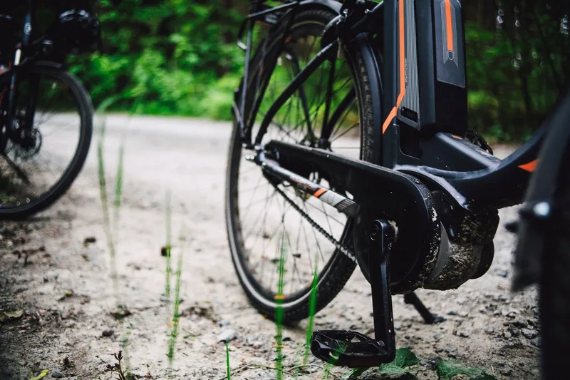 Dos bicicletas eléctricas junto a un camino de grava en un bosque verde