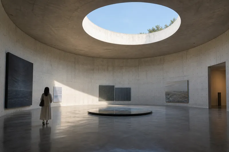 Interior cilíndrico de hormigón visto con rampa circular en el Benesse House Museum.