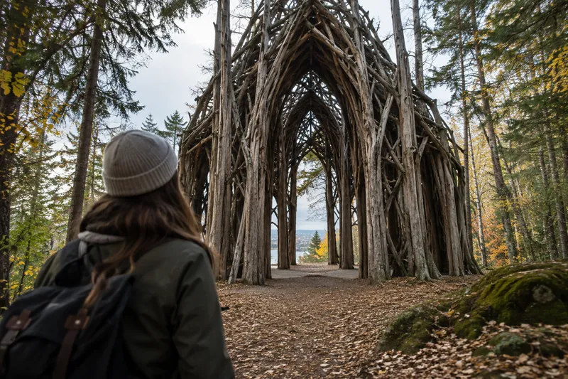 Estructura monumental de la Cattedrale Vegetale formada por troncos entrelazados en Arte Sella