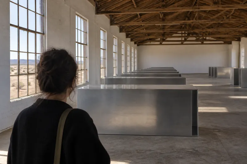 Interior del hangar de The Chinati Foundation con la instalación de cajas de aluminio de Donald Judd.