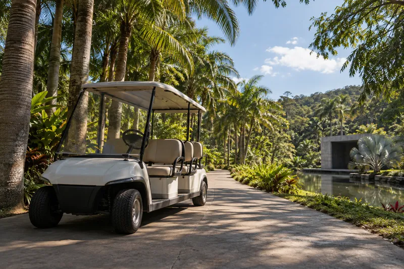 Carrito de golf eléctrico para transporte interno en un camino asfaltado de Inhotim
