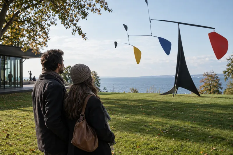 Escultura moderna al aire libre en una pradera verde junto al mar en el museo Louisiana.