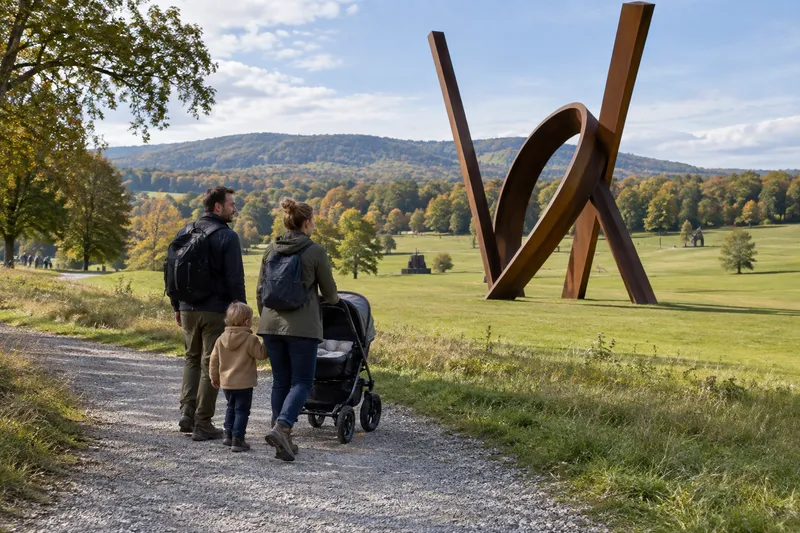 Familia con carrito junto a grandes esculturas contemporáneas en un parque de arte al aire libre