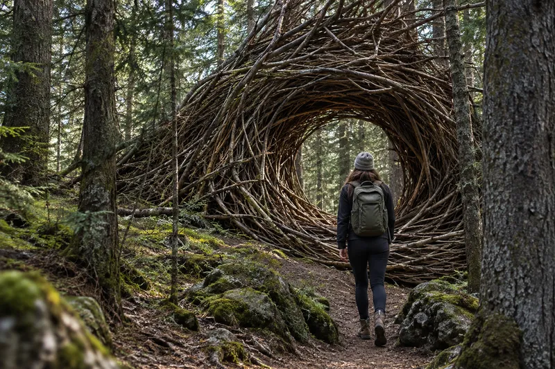 Estructura artística elaborada con ramas entrelazadas en un sendero boscoso de Arte Sella