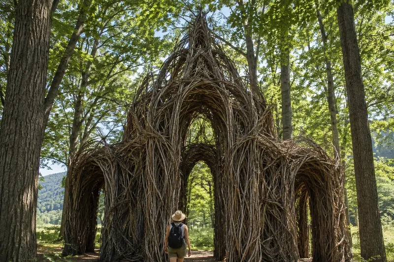 Estructura monumental de ramas entrelazadas de la Cattedrale Vegetale rodeada de árboles alpinos en Arte Sella.
