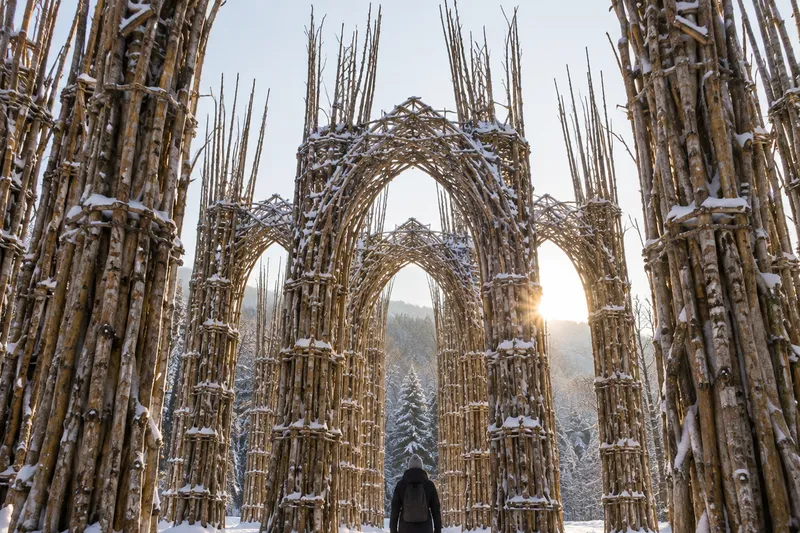 Columnas y arcos góticos de ramas entrelazadas de la Cattedrale Vegetale en Arte Sella.